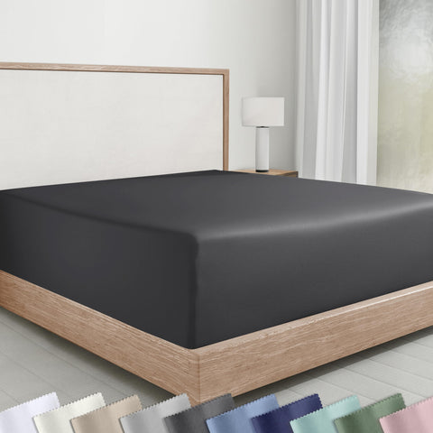 California Design Den queen fitted sheet in dark grey reveals soft cotton sateen texture.
