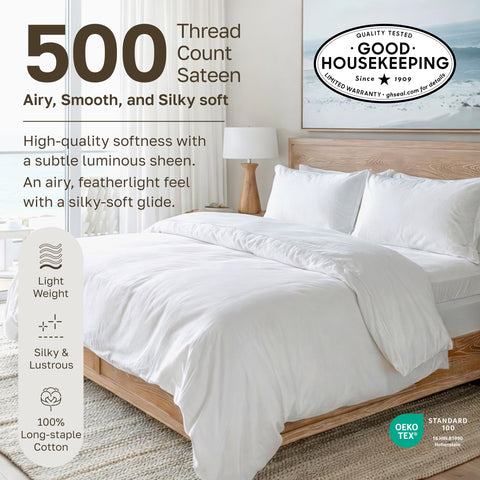 Deep-pocket fitted sheet fits 8–16 inch mattresses securely.