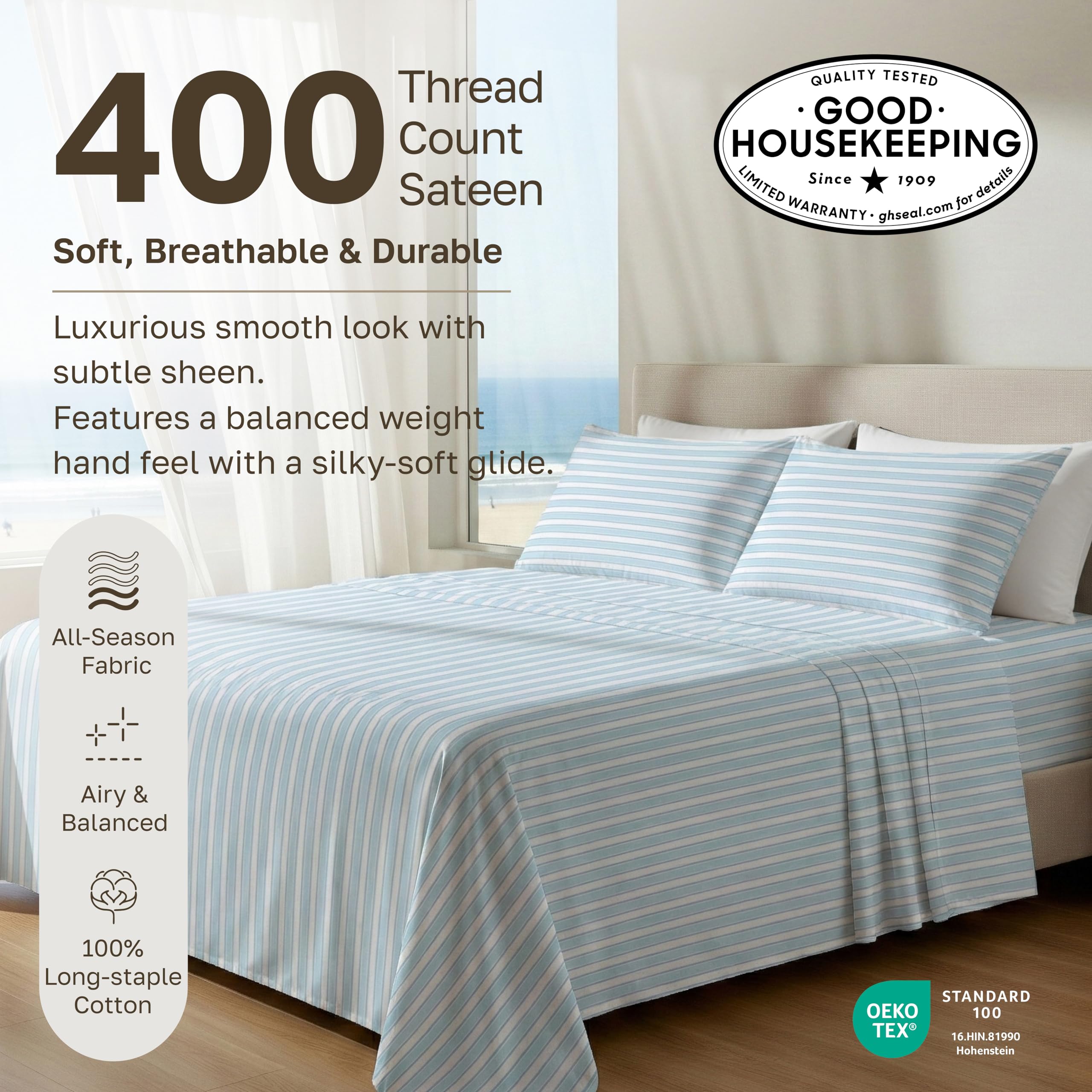 California Design Den deep-pocket fitted sheet fits 8–16 inch mattresses securely.