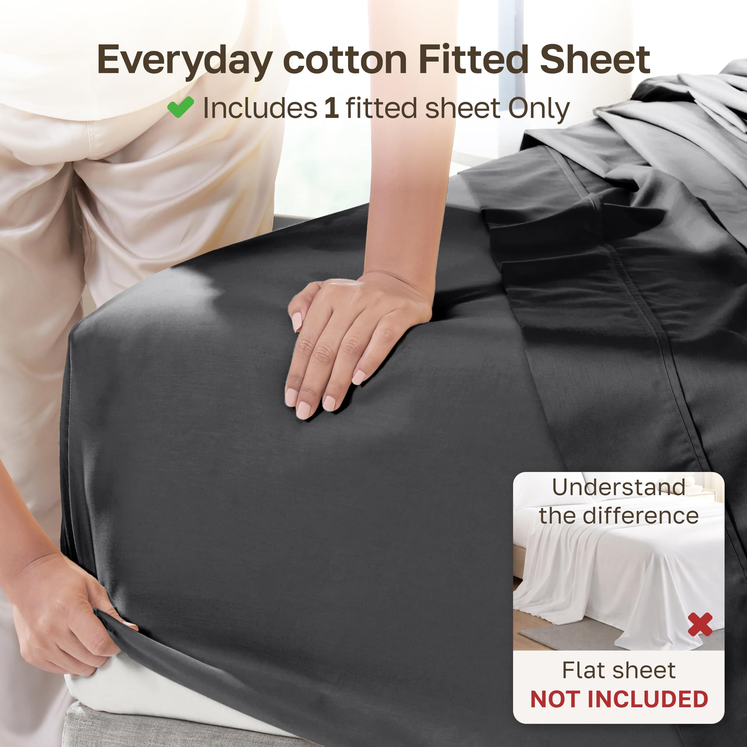 California Design Den queen fitted sheet shows a 14-inch deep pocket for secure mattress fit.