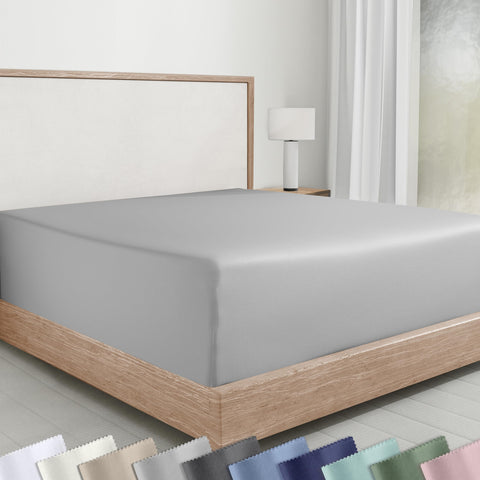 California Design Den queen fitted sheet in light grey showing soft sateen texture for luxurious sleep.