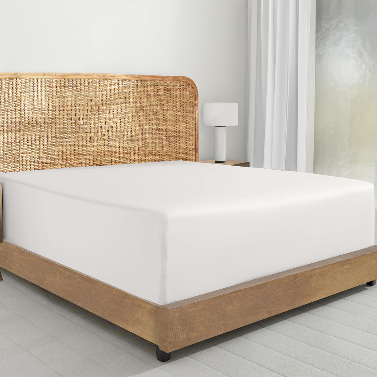 California Design Den queen fitted sheet in True Ivory shows crisp percale texture for cool nights