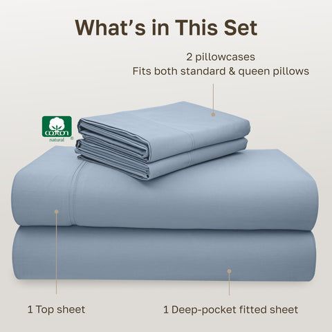 California Design Den blue sateen weave sheet set showcases soft, breathable fabric