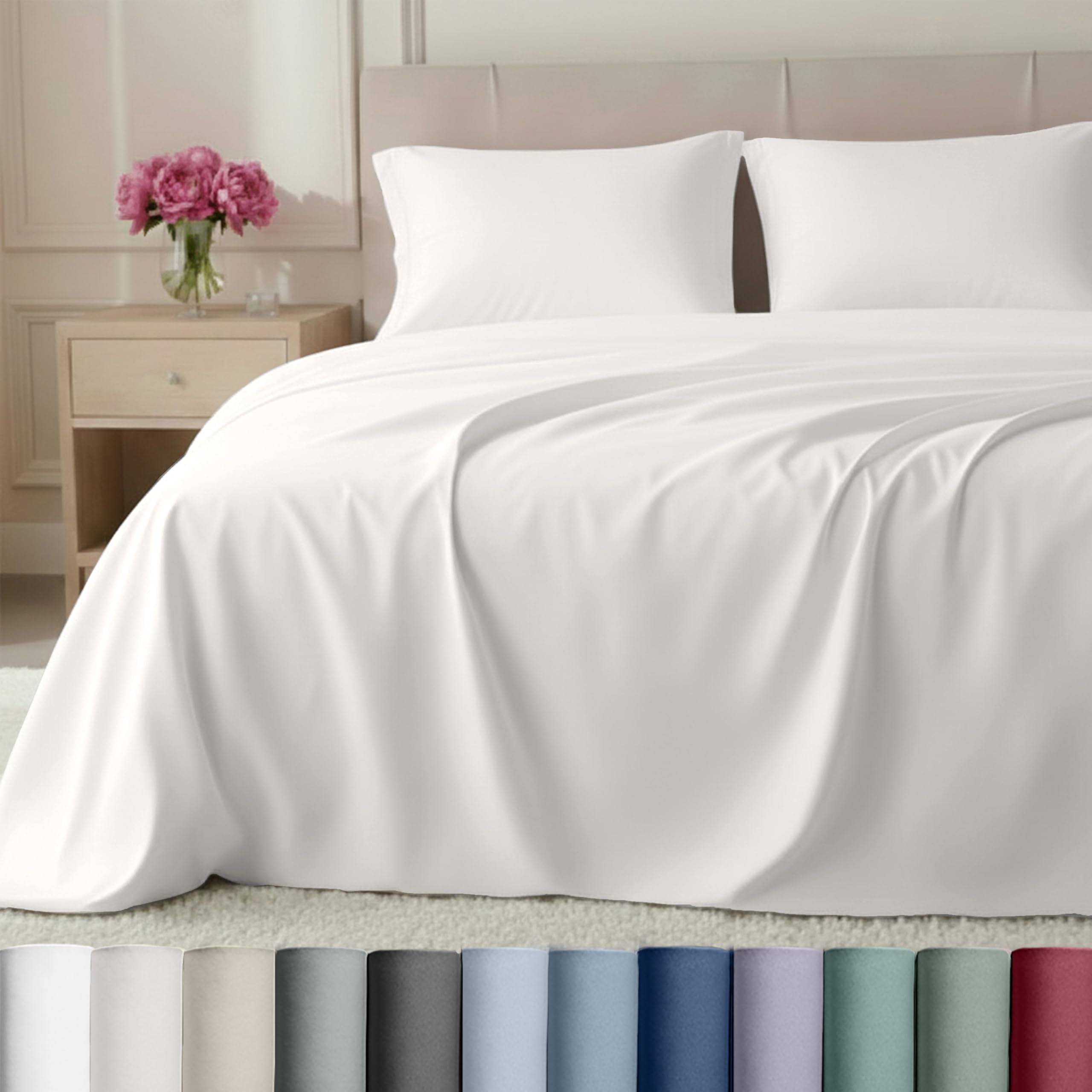 California Design Den queen sheets flat lay in ivory, highlighting soft, durable 800-thread-count sateen.