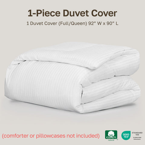 California Design Den queen size duvet cover on bed shows a crisp striped style.