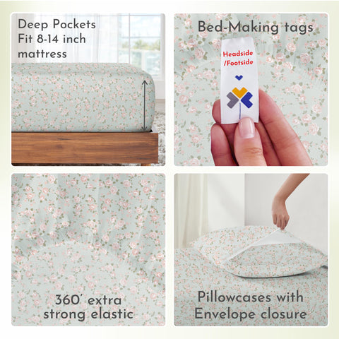 California Design Den Rose Queen deep-pocket fit securing mattress up to 14 inches.