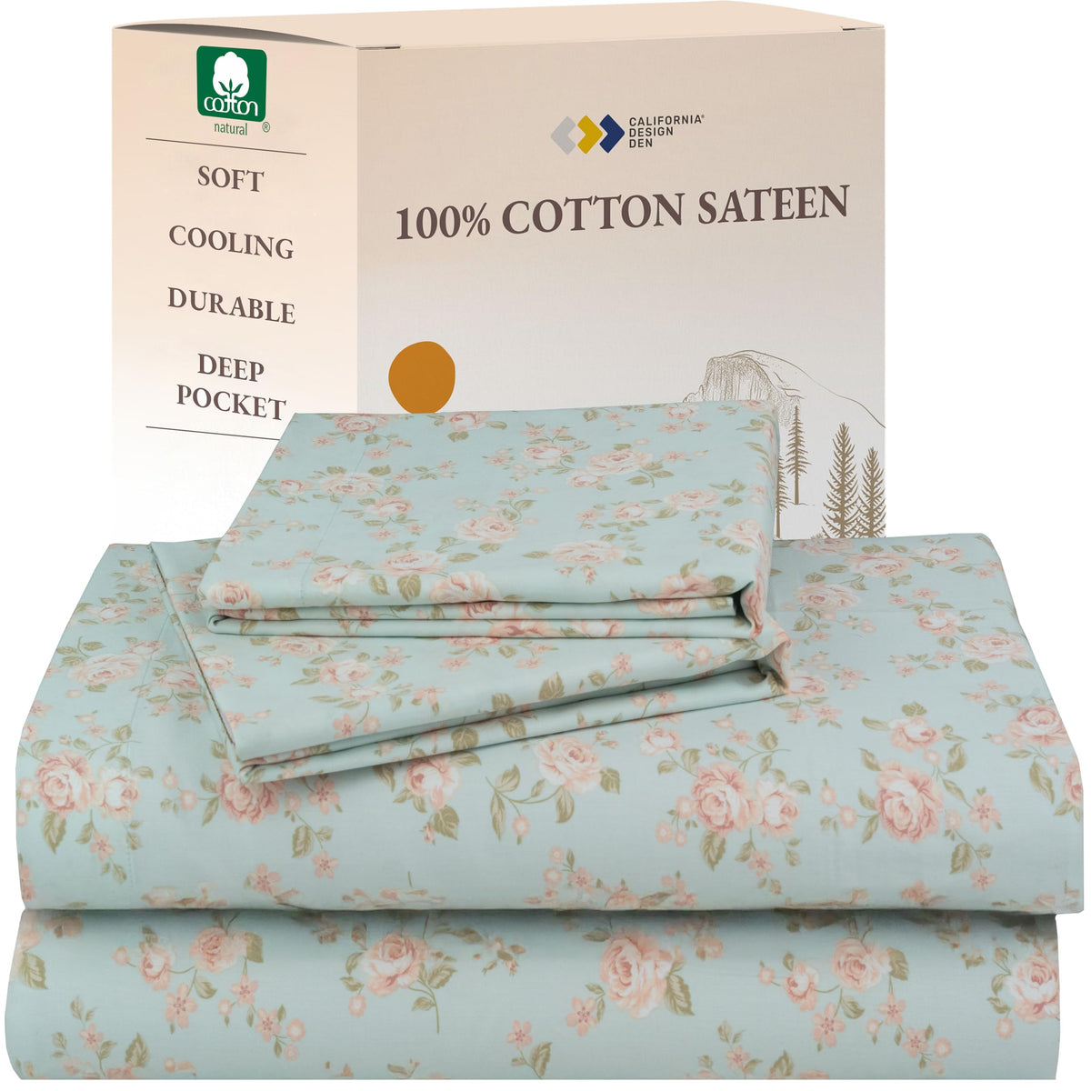 California Design Den Rose Queen top sheet with silky sateen finish for breathable comfort.