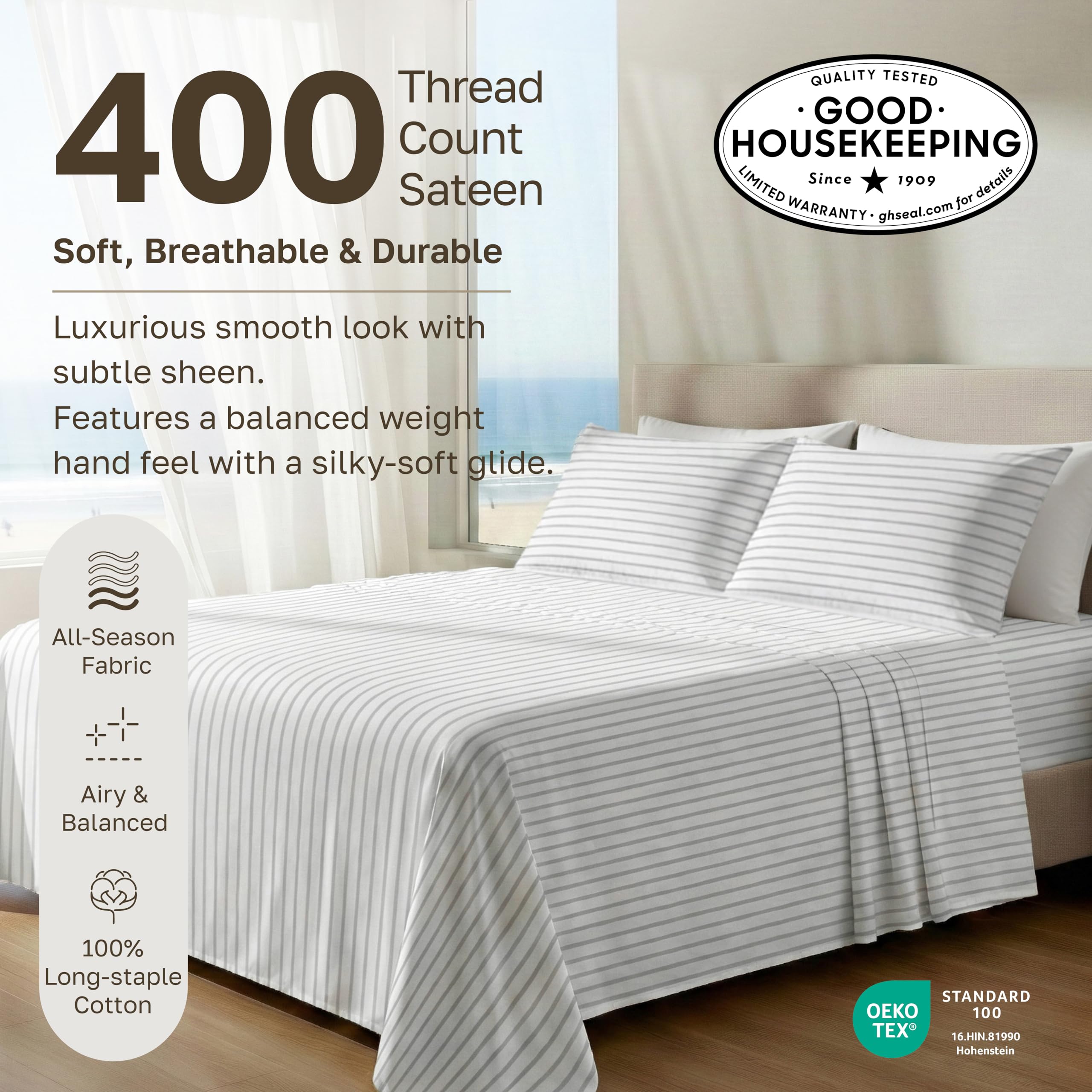 California Design Den sateen finish close-up, glossy sheen and breathable cotton
