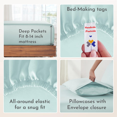Deep-pocket elastic on California Design Den Seafoam queen sheet securing mattress up to 14 inches