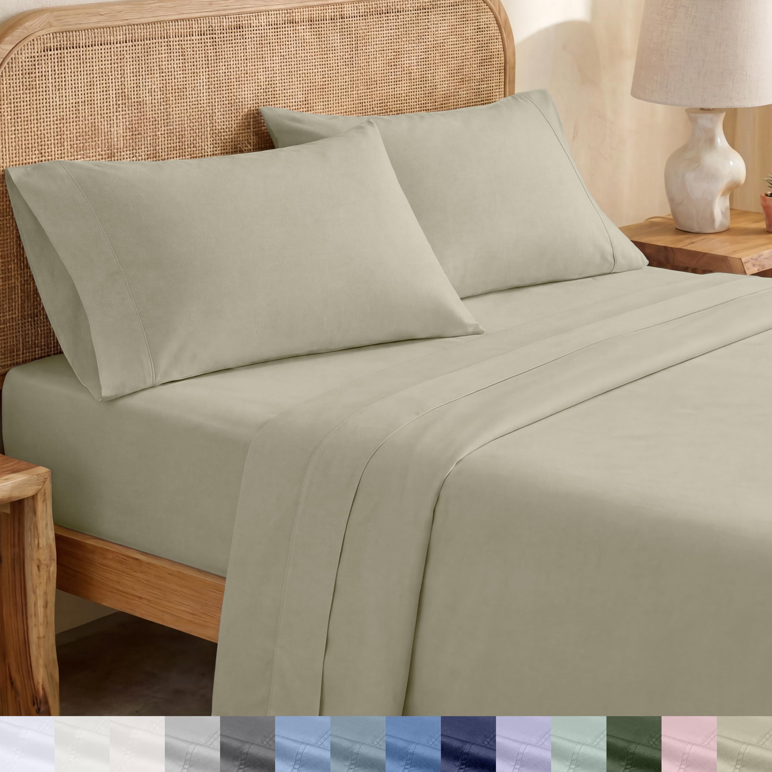 California Design Den queen flat sheet in taupe shows crisp percale texture for breathable comfort