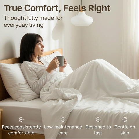 California Design Den sky blue set on a neatly made bed.