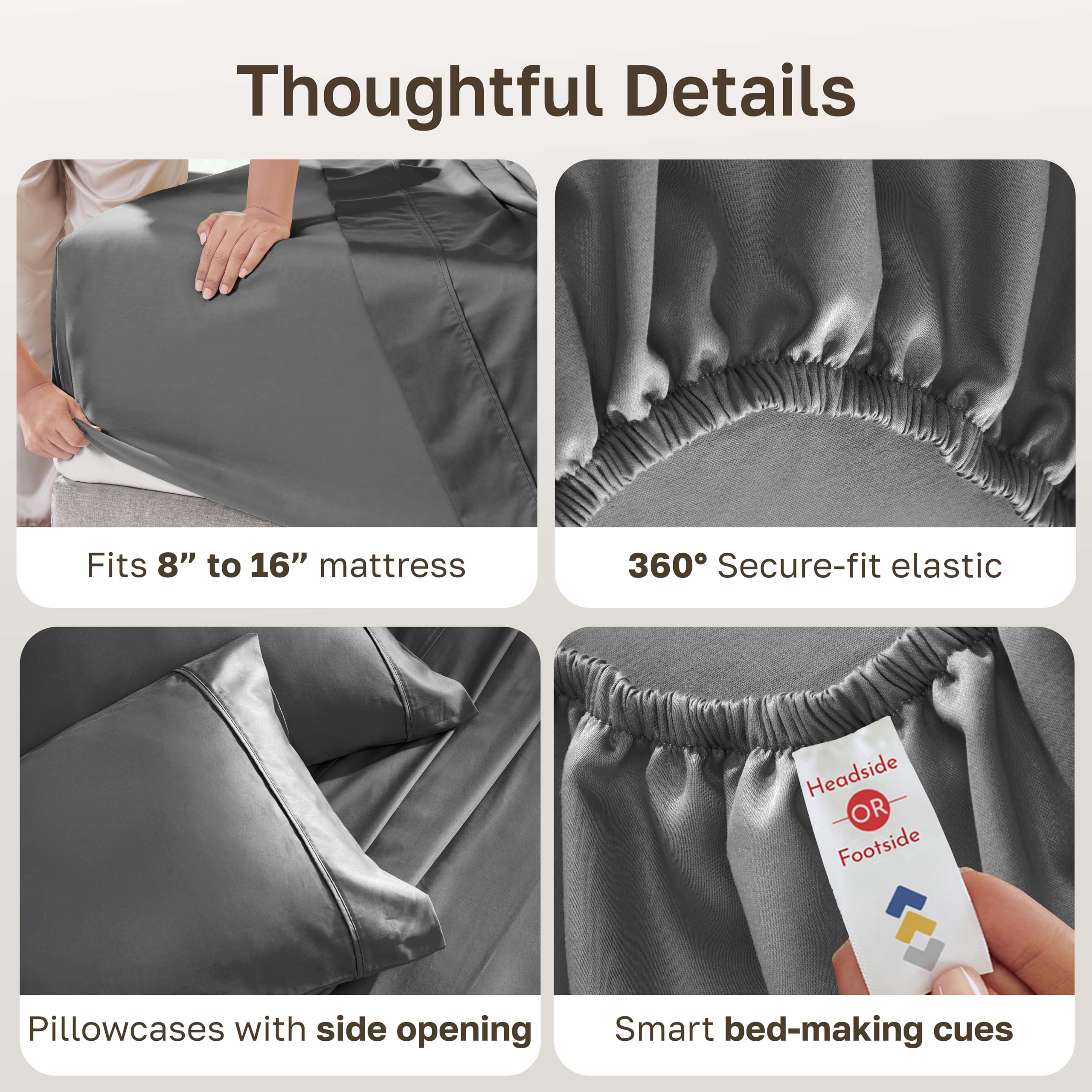 California Design Den grey sheet set close-up stitching detail for durability