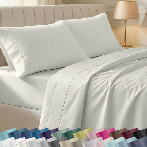 California Design Den Ivory flat sheet with silky sateen feel and breathable comfort.