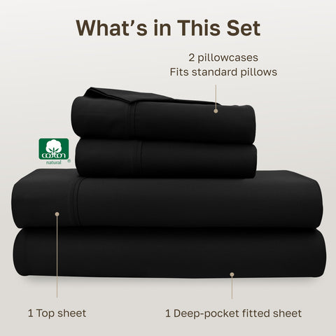 California Design Den deep-pocket design on black sheets fits 8–16 inch mattresses.