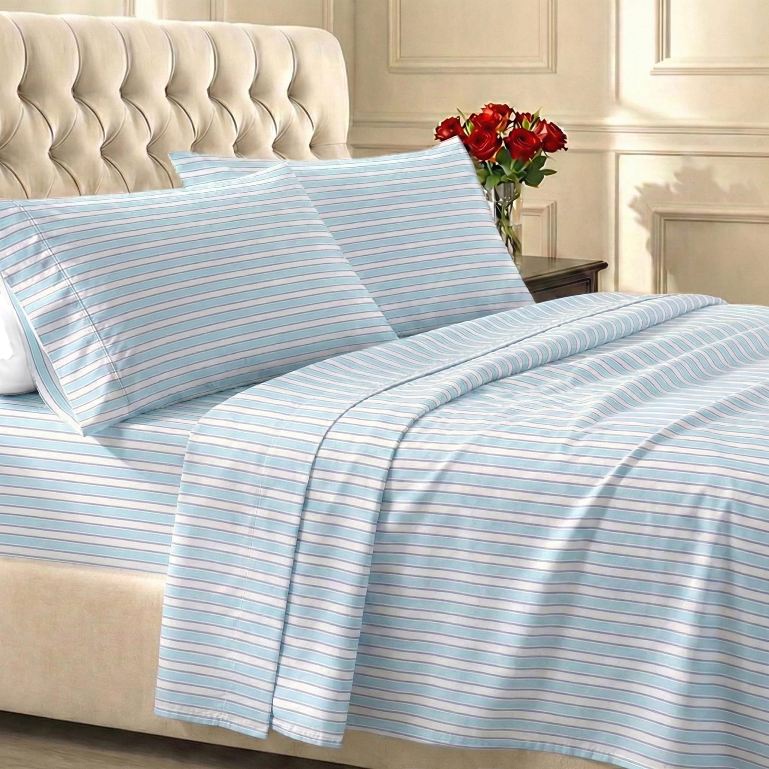 California Design Den cape stripe blue queen sheet set with deep pockets for secure mattress fit.