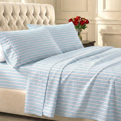 California Design Den cape stripe blue queen sheet set with deep pockets for secure mattress fit.
