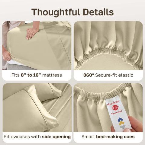 In-use California Design Den queen sheets on a bed with neat corners