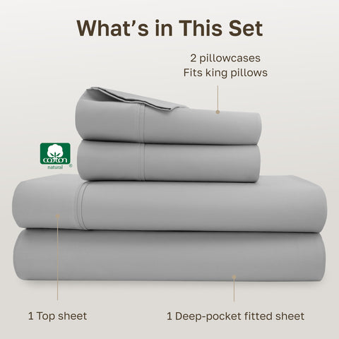California Design Den light grey king sheet set styled on bed for a calm look.