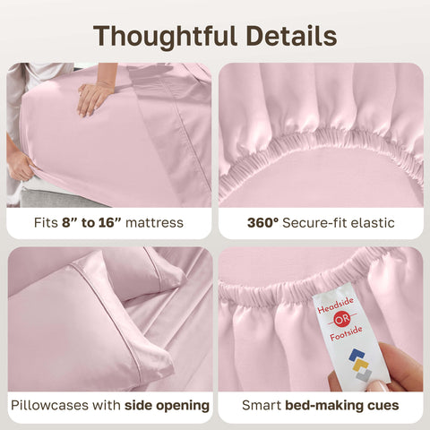 California Design Den pink bedroom scene with soft sheets on bed.