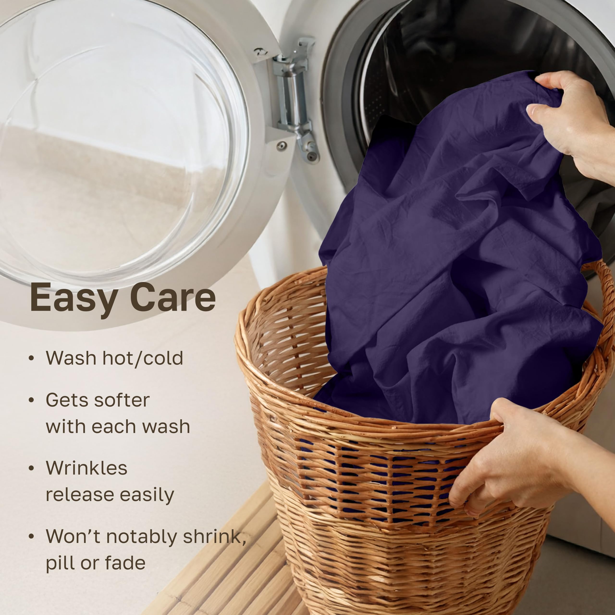 California Design Den care label in purple highlights machine-wash friendly care