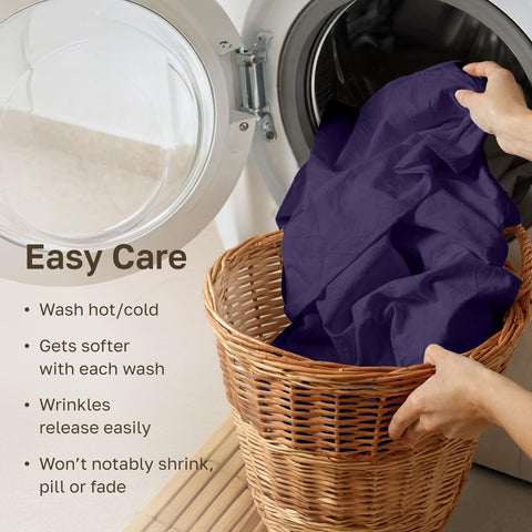 California Design Den care label in purple highlights machine-wash friendly care