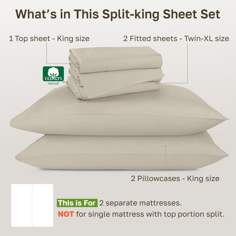 California Design Den bedroom scene shows luxurious split-king sheets on a plush bed.
