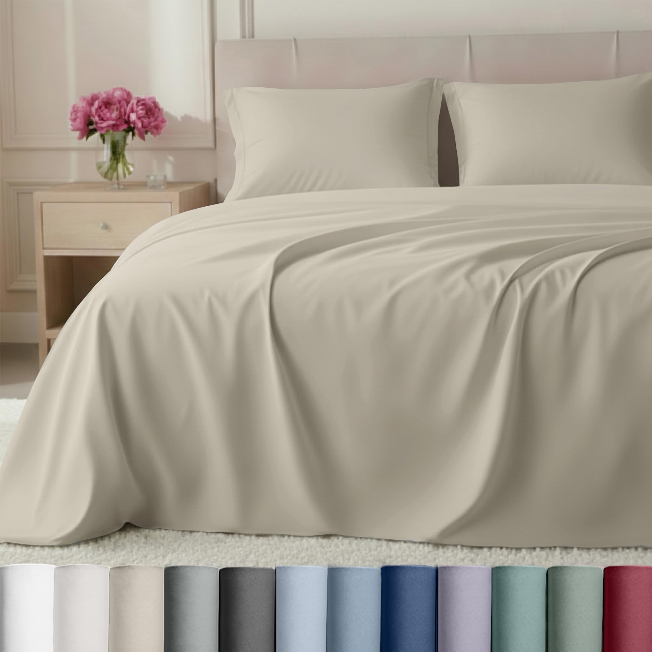 California Design Den split-king top sheet in beige with silky sateen finish.