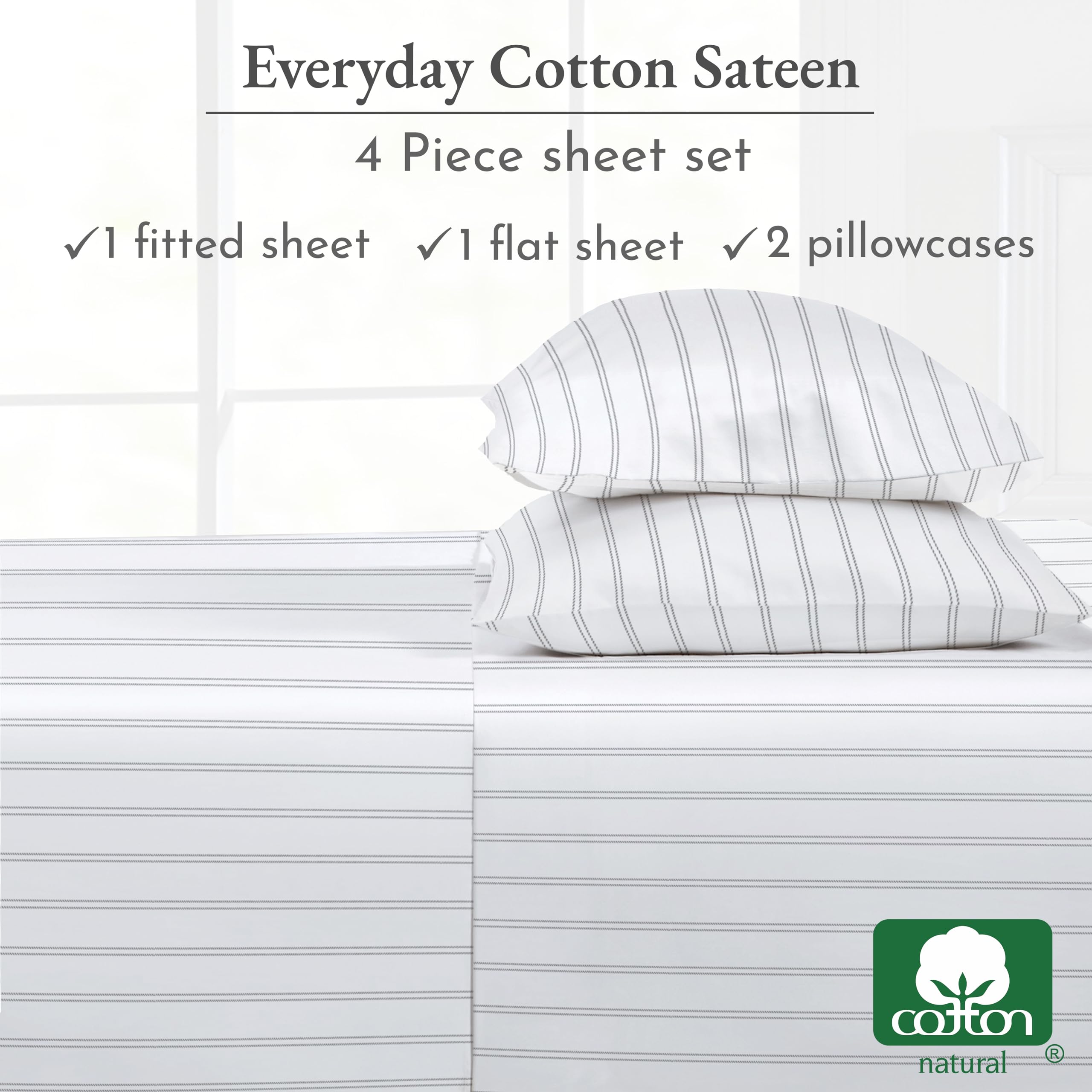 California Design Den Stripe Sheets Queen 100% cotton sateen finish offers a lightweight, silky-soft handfeel