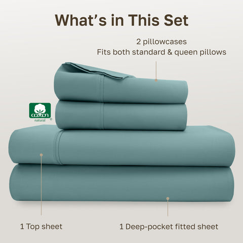 California Design Den teal color sheets add calming aesthetic to bedroom