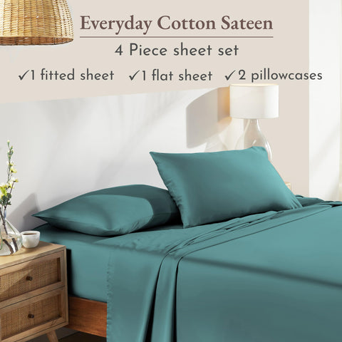 California Design Den teal sateen bed set neatly shown on a queen bed