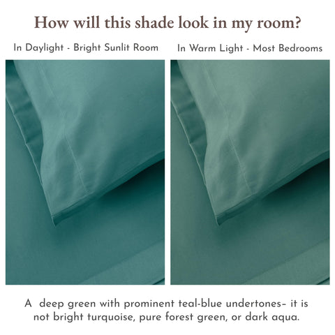 Close-up of the sateen weave in California Design Den teal sheets showing subtle sheen