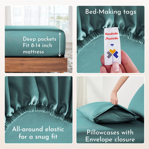 Deep-pocket detail on California Design Den teal sateen fitted sheet