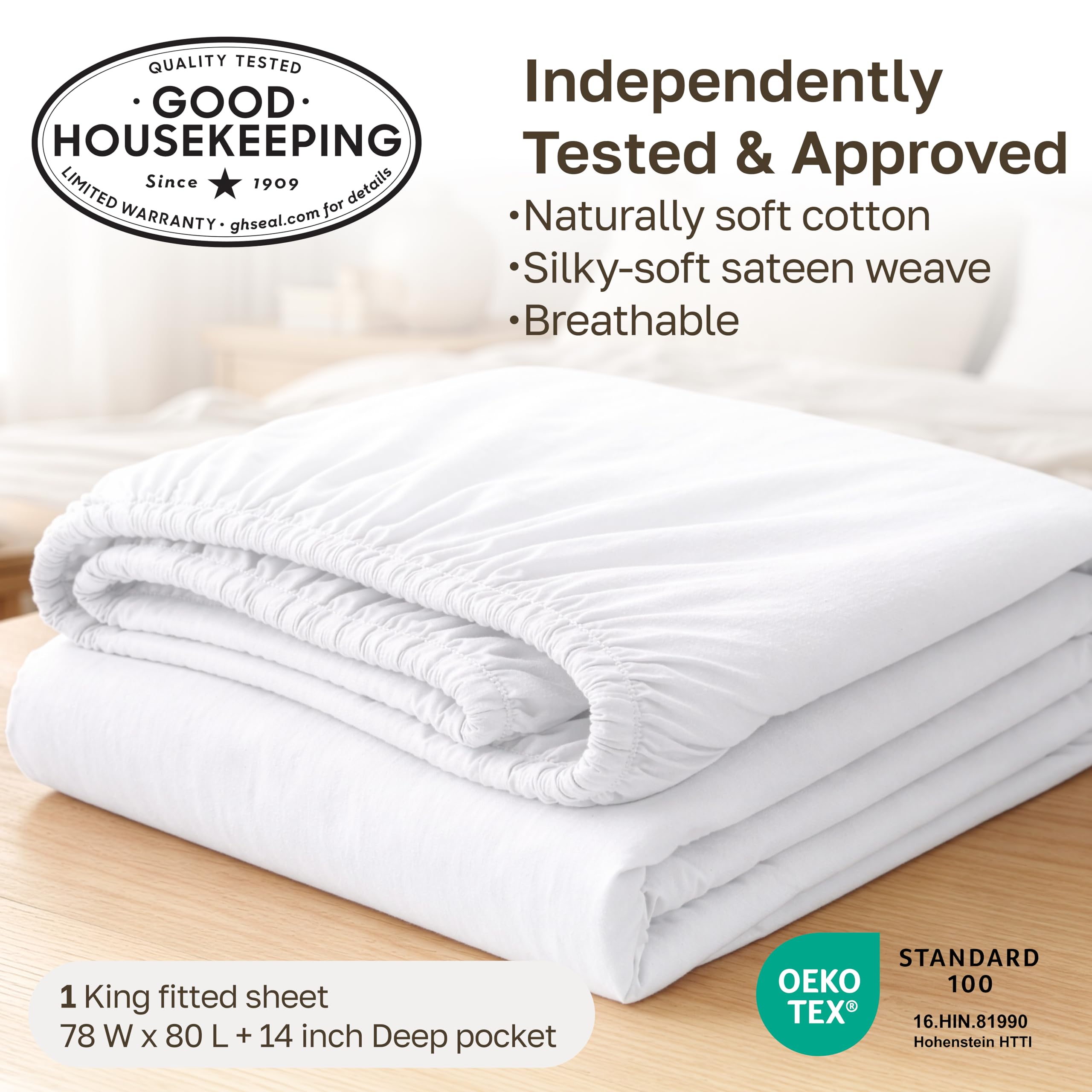 California Design Den king white fitted sheet with head and foot indicators for easy bed making
