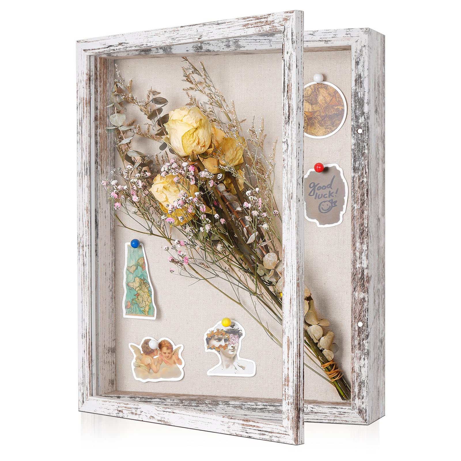 Califortree shadow box frame with linen back highlights memories with a rustic white finish.