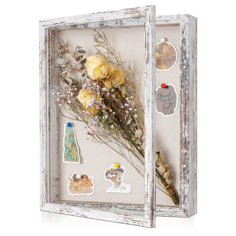 Califortree shadow box frame with linen back highlights memories with a rustic white finish.