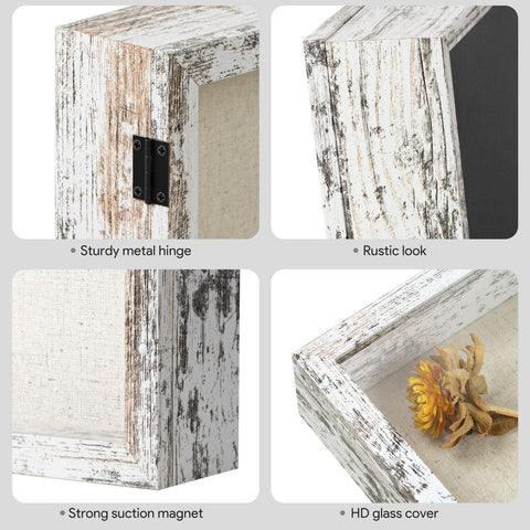Califortree shadow box front-opening magnetic door enables easy revising displays.