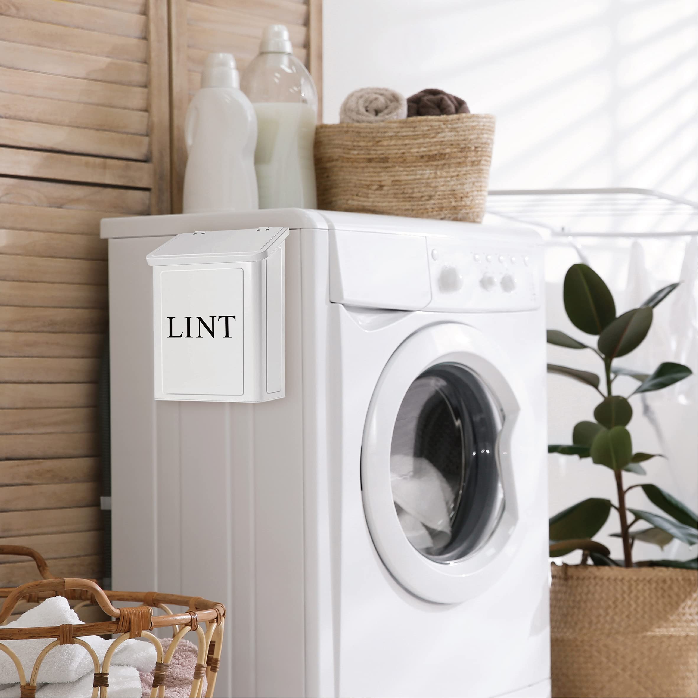 Calindiana lint bin adds modern farmhouse decor to the laundry room.