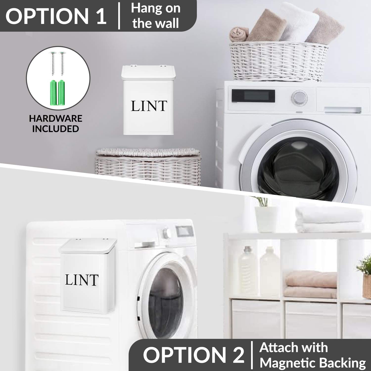 Slim design of Calindiana lint bin fits narrow laundry spaces.