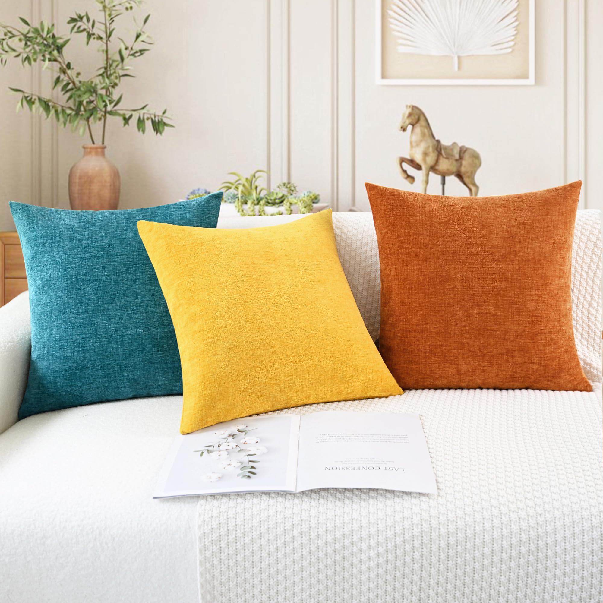 CaliTime living room decor with chenille pillow covers on couch