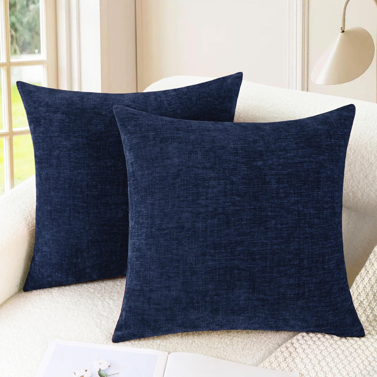CaliTime navy pillow cover front view with plush chenille texture for sofa decor