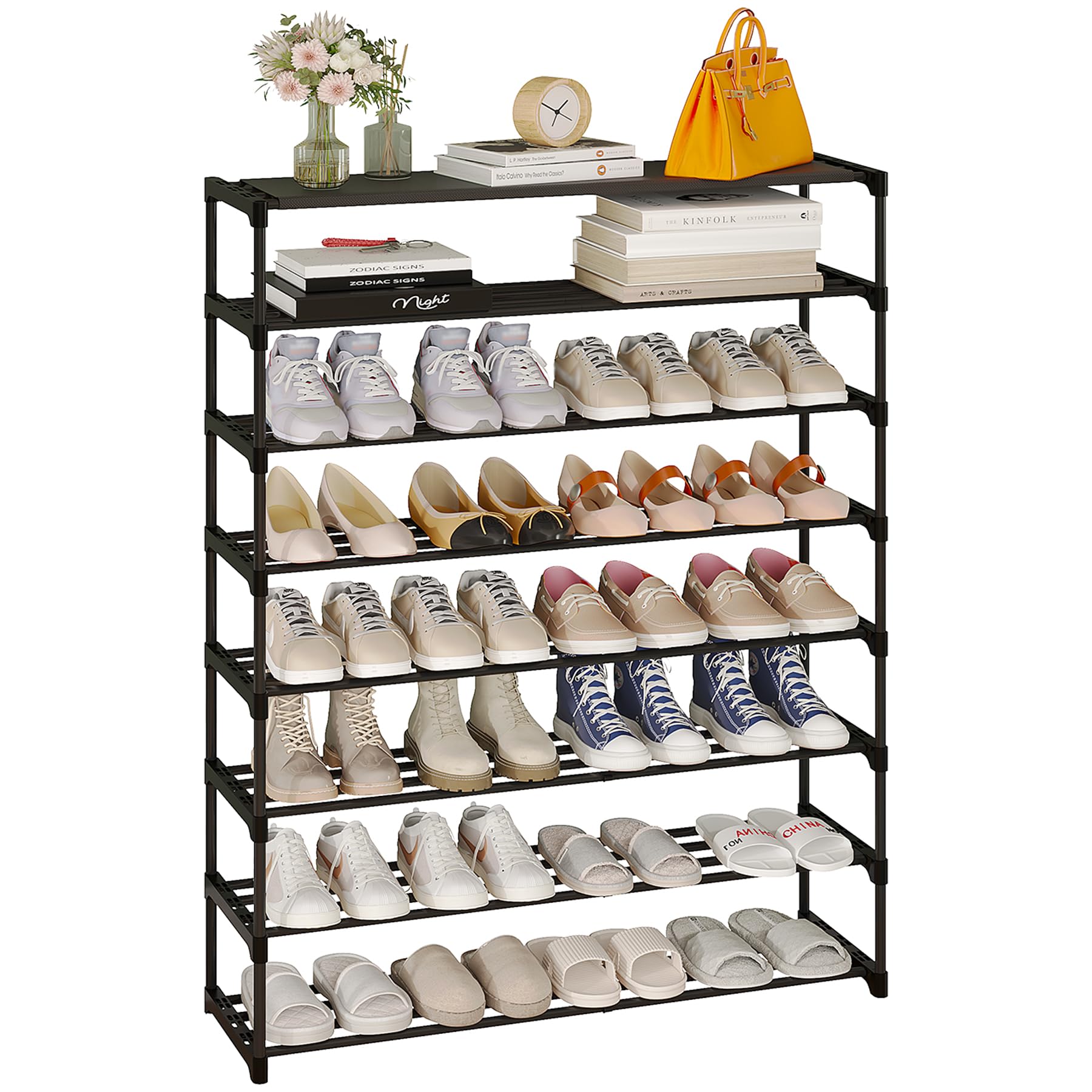 Calmootey 8-tier shoe rack in black, maximizing entryway storage.