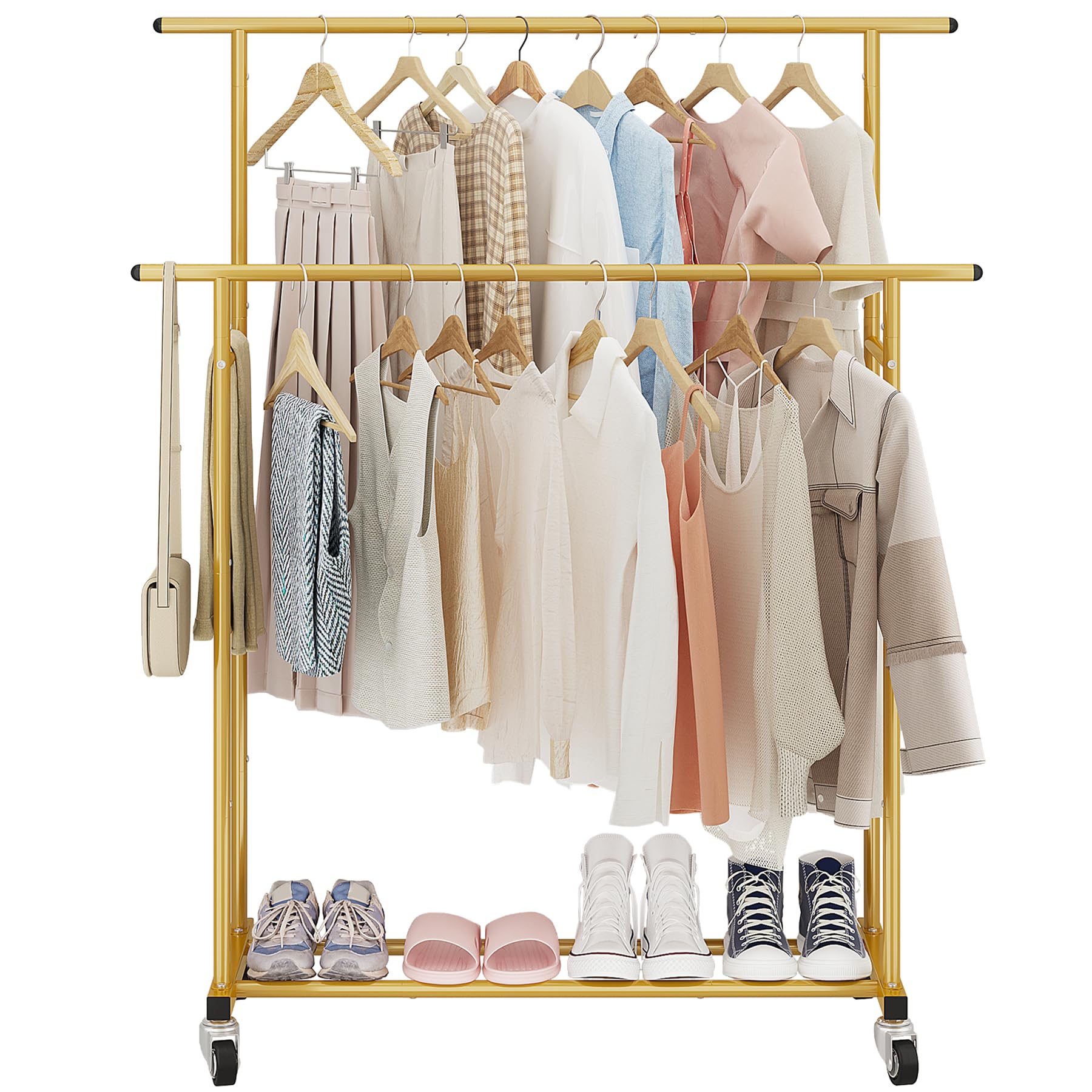 Bottom shelf stores shoes and folded items for neat organization