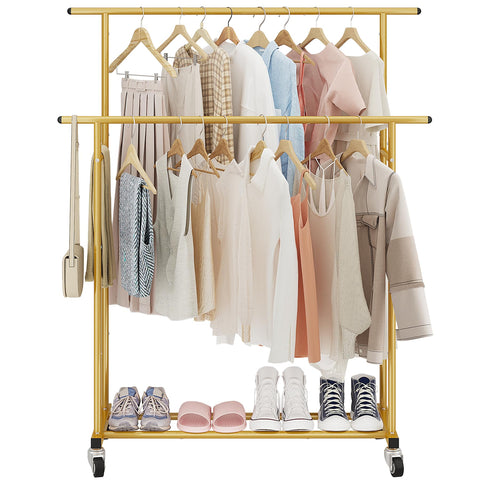 Bottom shelf stores shoes and folded items for neat organization