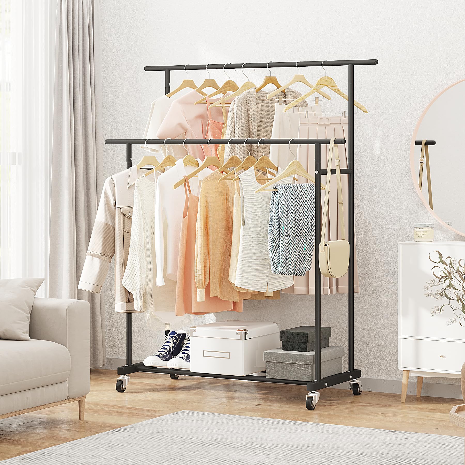 Calmootey bottom shelf stores shoes and lightweight items.