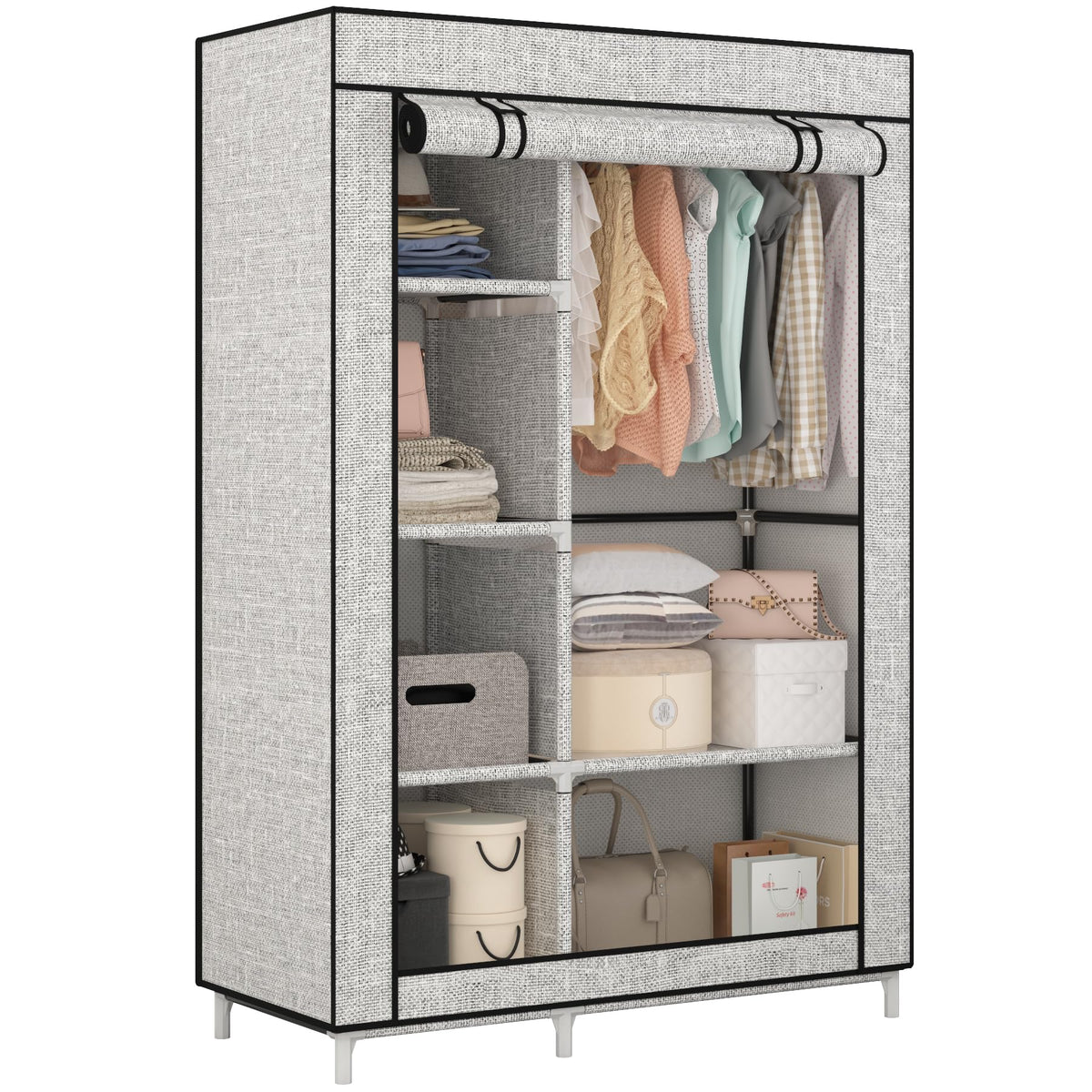Calmootey closet organizer front view shows sturdy frame for organized wardrobe access