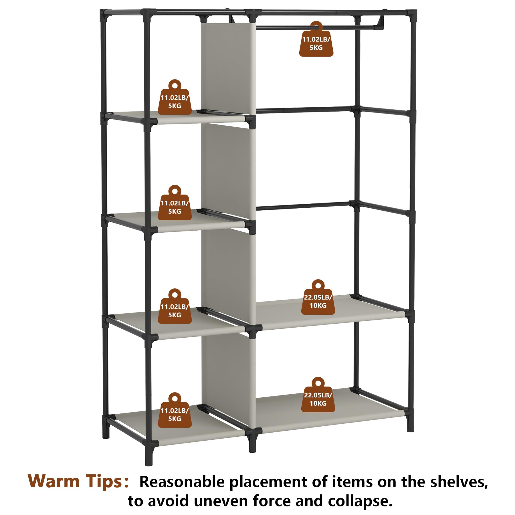 Calmootey closet organizer with four small and two large shelves for versatile storage.