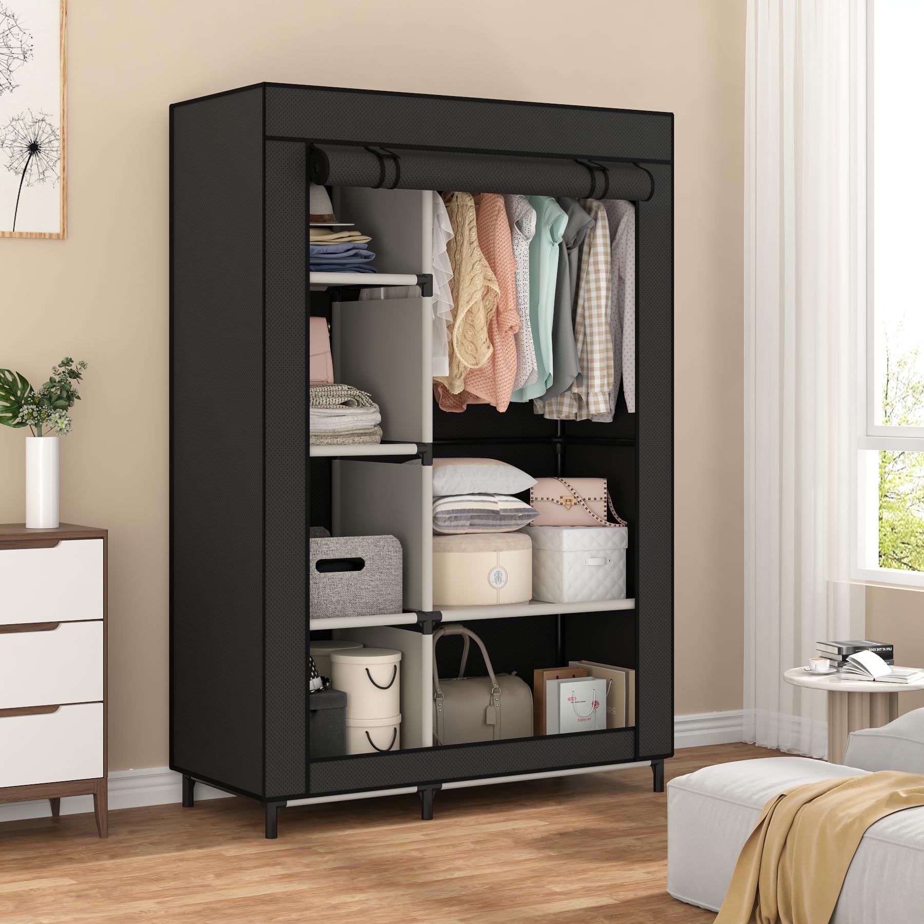 Calmootey portable closet organizer front view with six shelves and hanging rod for organized wardrobe.
