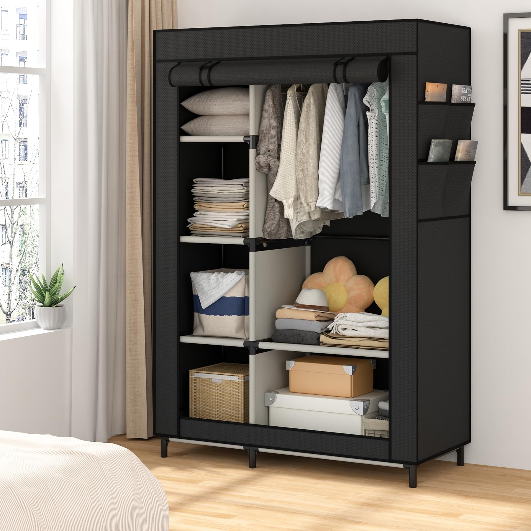Calmootey organizer showing hanging area for skirts and dresses.