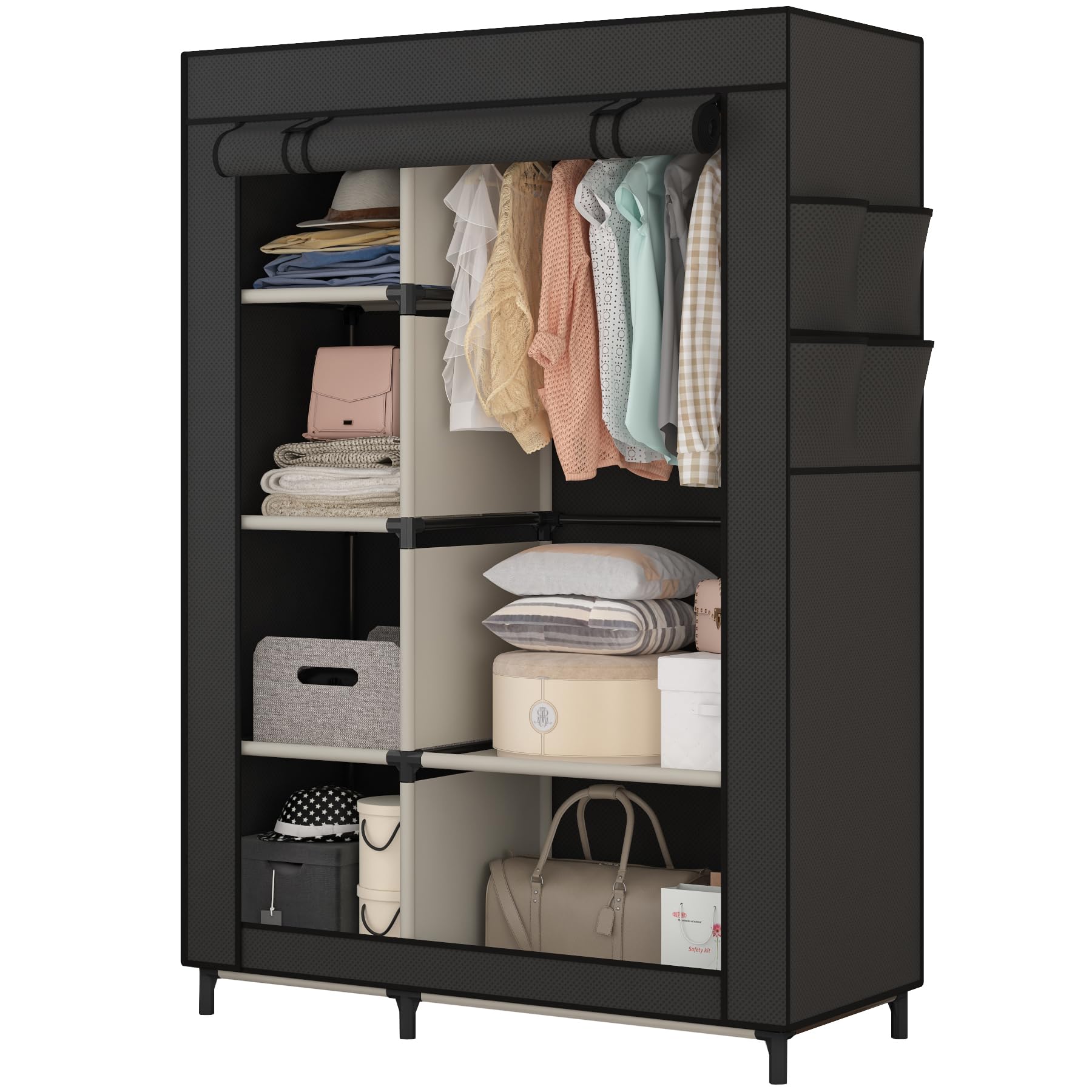 Calmootey closet organizer side view showing sturdy metal frame.