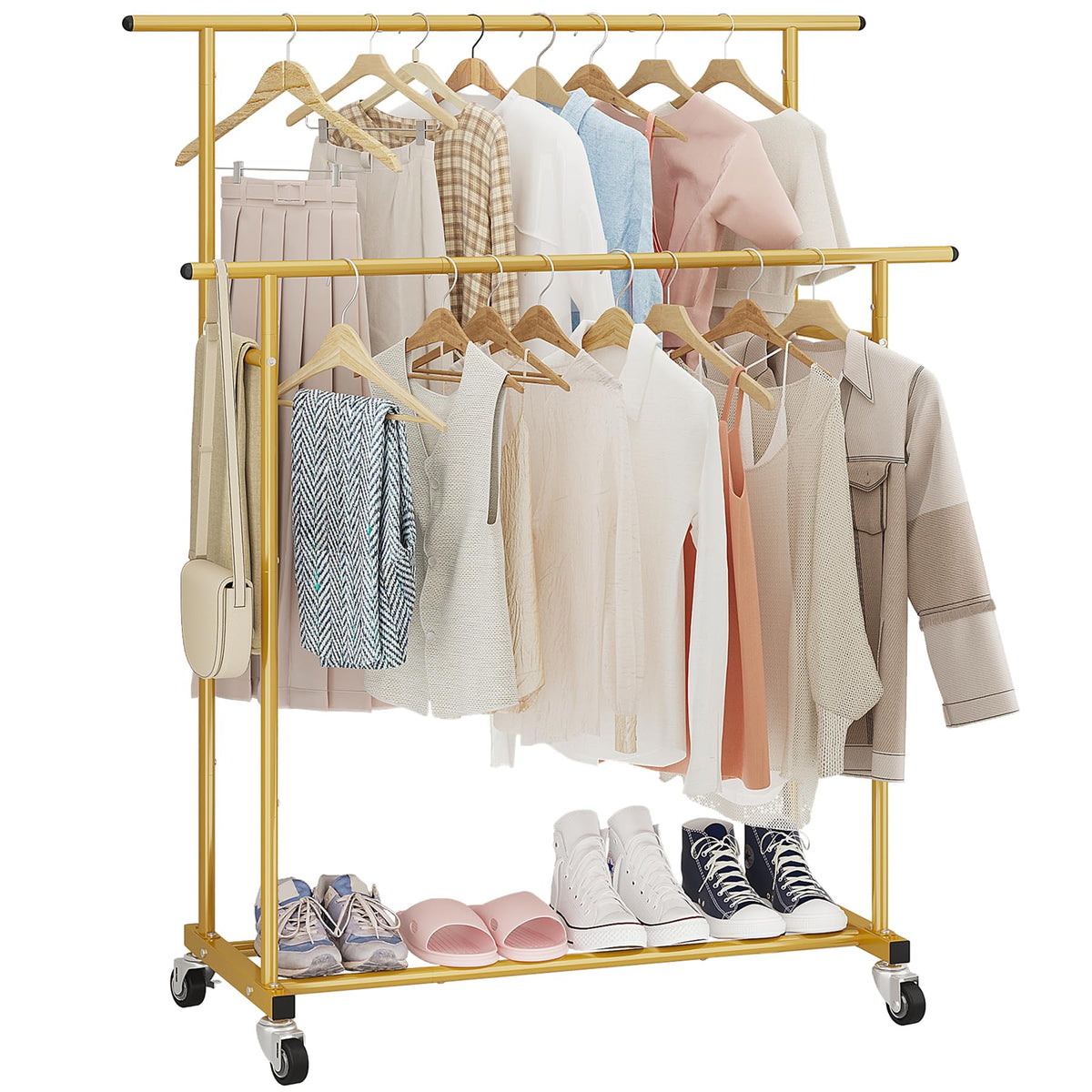 Calmootey double-rod garment rack in gold finish offering ample hanging space for outfits